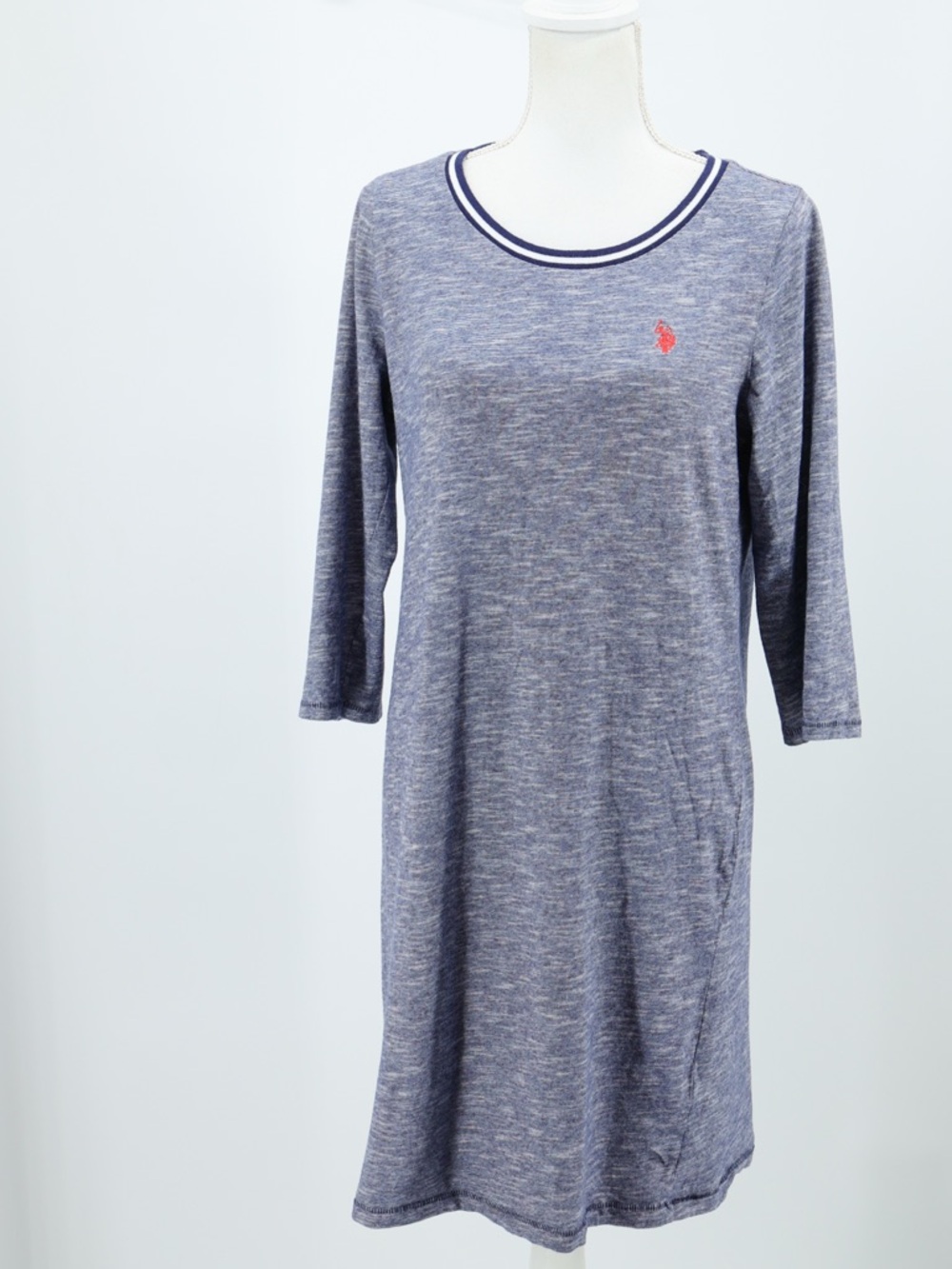 U.S. Polo Assn Space Dye Cotton T-Shirt Dress 3/4 Sleeve Blue White Women L